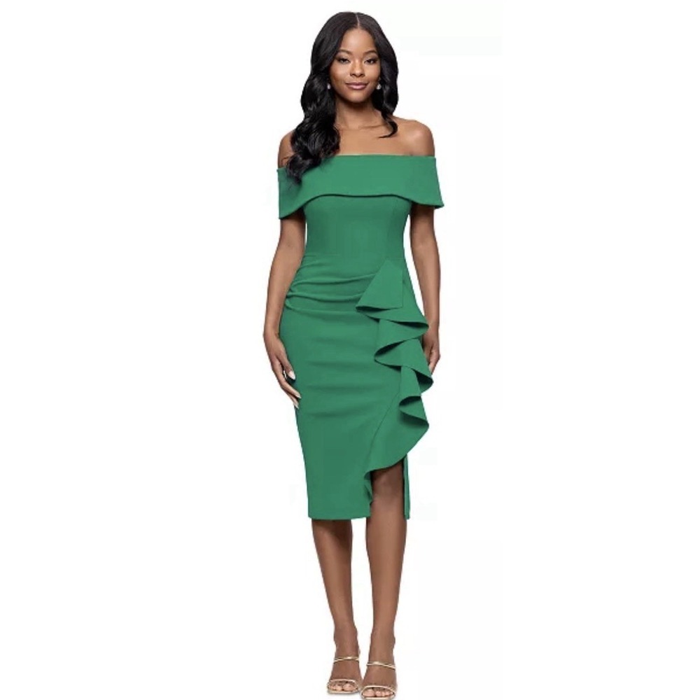 Betsy & Adam Petite Off-the-Shoulder Ruffle Sheath Dress - Green Size 16W